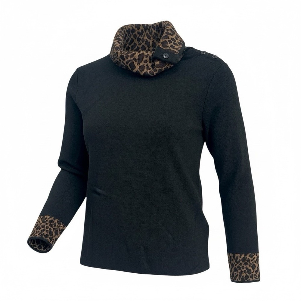 Nina Leonard Women's Black‎ Sweater Leopard Cowl Neck Button Detail Size S